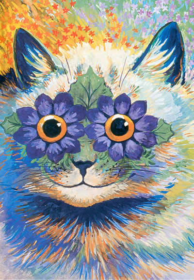 Untitled artwork by Louis Wain showing a blue cat looking at the viewer, smiling. They have deep purple eyes with flowers around them.