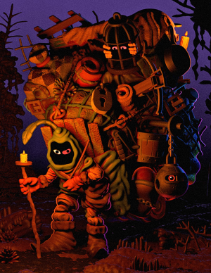 In what looks like inside of a swamp, a hooded figure has on a large backpack that is bigger than life and is seemly full of things that they either wish to sell or are hoarding. They have a walking cane that has a candle on and has one red eye.