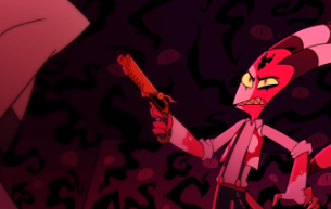 Still from Helluva Boss showing Blitzo holding a gun in their hands. They are a red demon who looks annoyed.