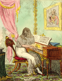 A woman is at the piano while she is in a white dress - she is fully human apart from having a literal pig face.