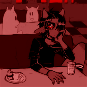 Inside of a café, an imp is at a table looking at us. They have a board look on their face and one of their hands is on their face with their hair covering one of their eyes. Their other hand is on the table next to a drink and a plate that has a half-eaten burger and fries. Behind the horned imp are two ghosts in the next booth, chatting away while smiling.