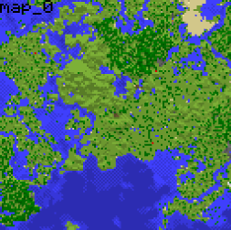 A bird's eye view of a map for the Minecraft world, showing mostly green land and water. There is also a sandland.