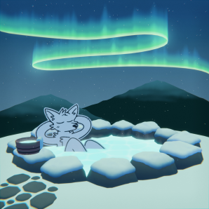 Image shows an anthro furry fox relaxing in a sauna while they are outside in a snowy landscape. The sky is dark and there is an aurora.
