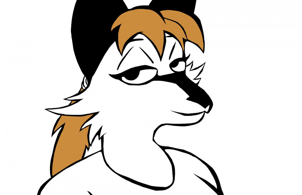 A bust of an anthro foxgirl looking at us, the viewer. She is smiling. The only color on her is her strawberry blonde hair - not even her t-shirt has color.