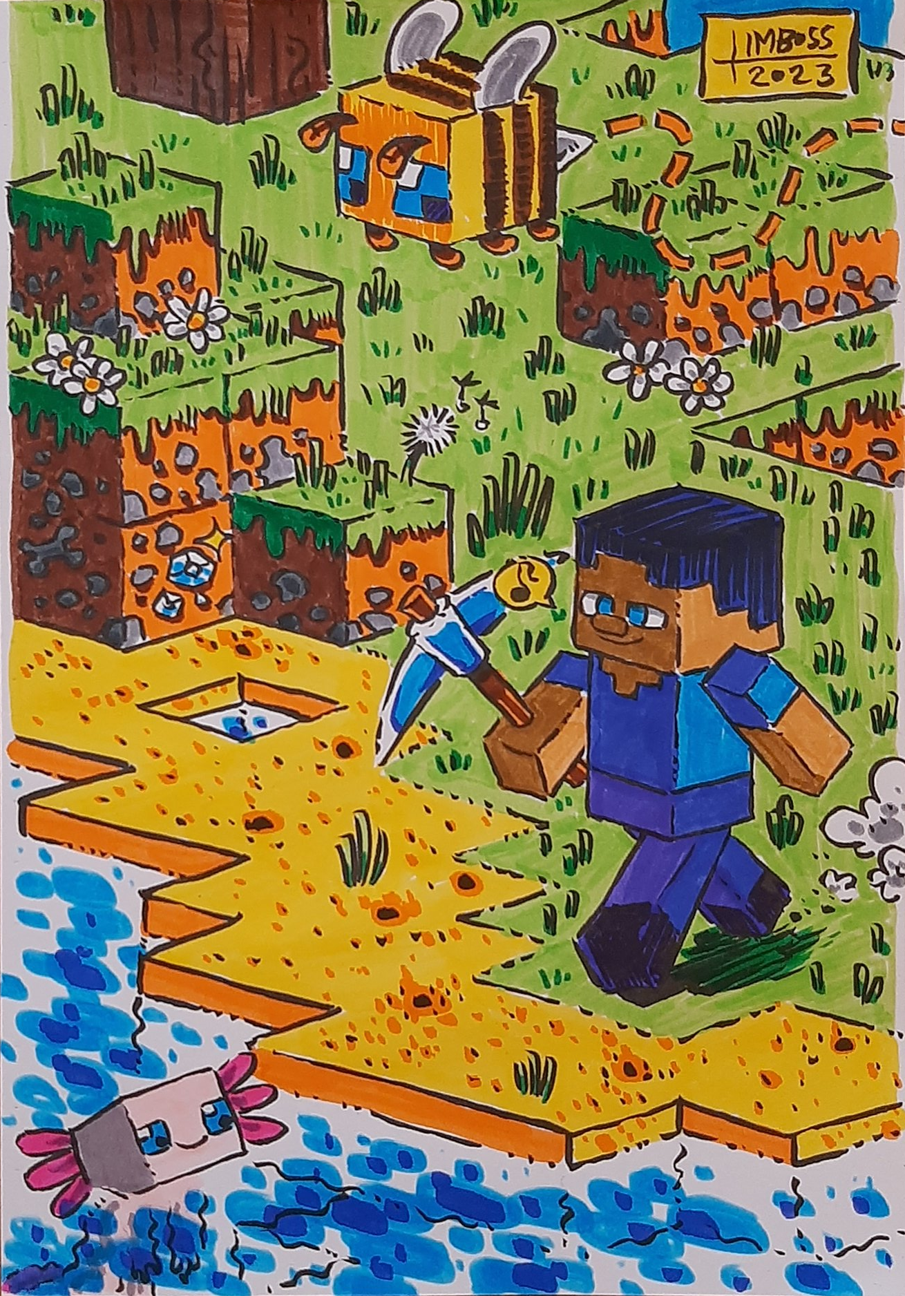 Drawing of Steve holding a iron pickaxe in their hand while whistling. They are by a small beach as a bee flies by.