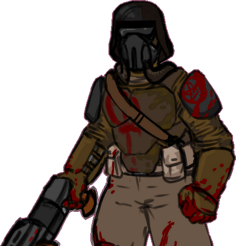 The LibreQuake mascot: The Restless, who is seen in bloody armor, a face mask that covers their face, and they have a large gun in their hands.