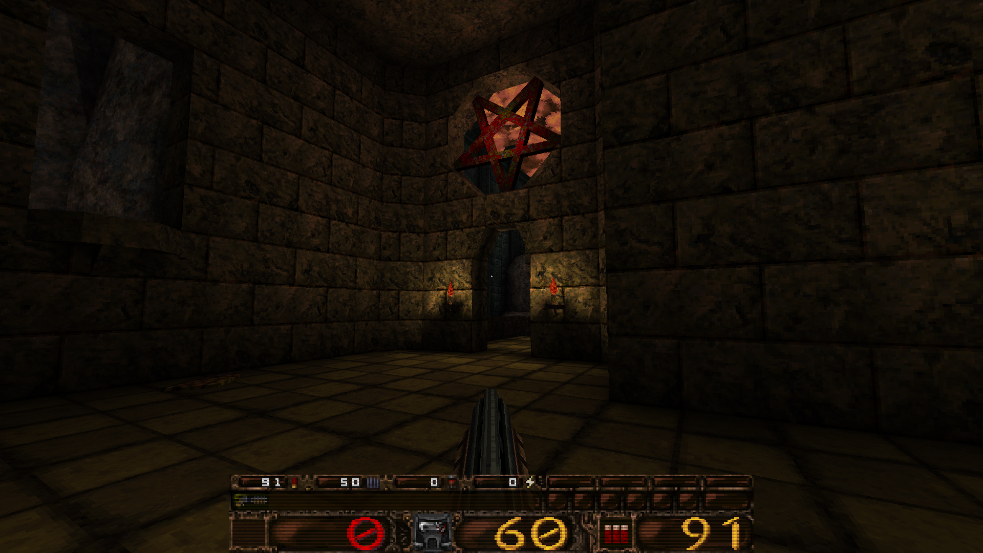 The player is just inside of a castle looking at a door. Above that door is a pentagram.
