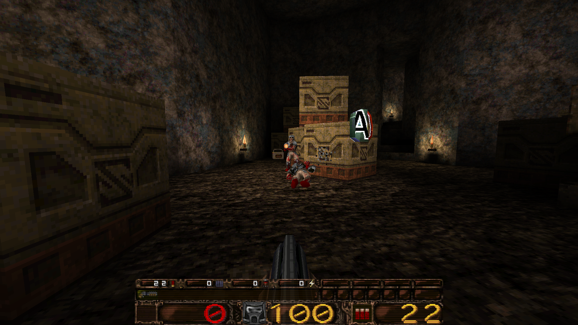 The player is shooting at monsters in a room with boxes in.