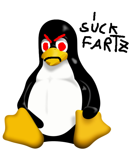 an edited image of tux where they have red eye and an angrey look on their face - 'i suck fartz', tux is saying.